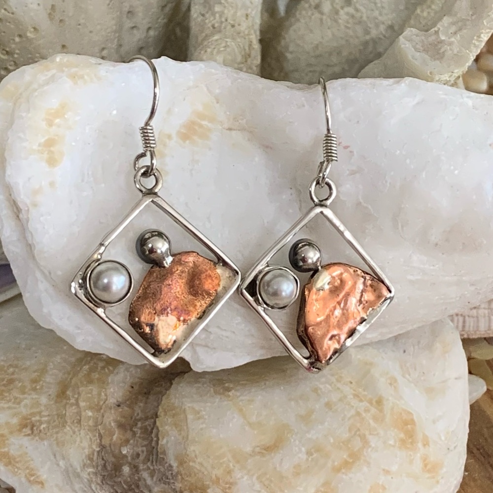 Abstract Pearl Sterling & Rose Gold Earrings
